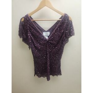 Papell Boutique Evening Purple Beaded Sequined Cold Shoulder V Neck Top L